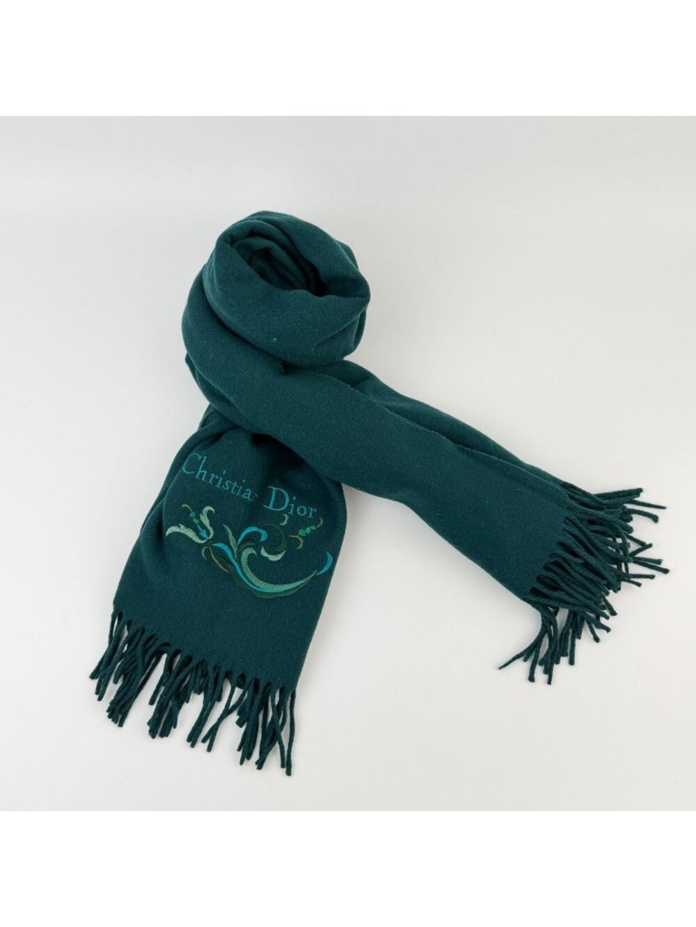 Dior Logo Embroidery Fringe Shawl Wool 100% Dark Green Vintage Scarf